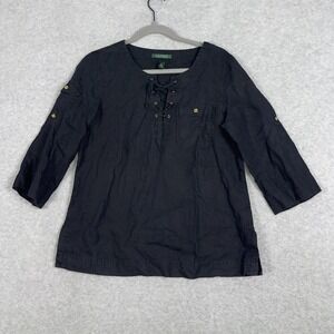 Lauren Ralph Lauren Linen Lace Up Popover Tunic Top Womens M  Black Coastal